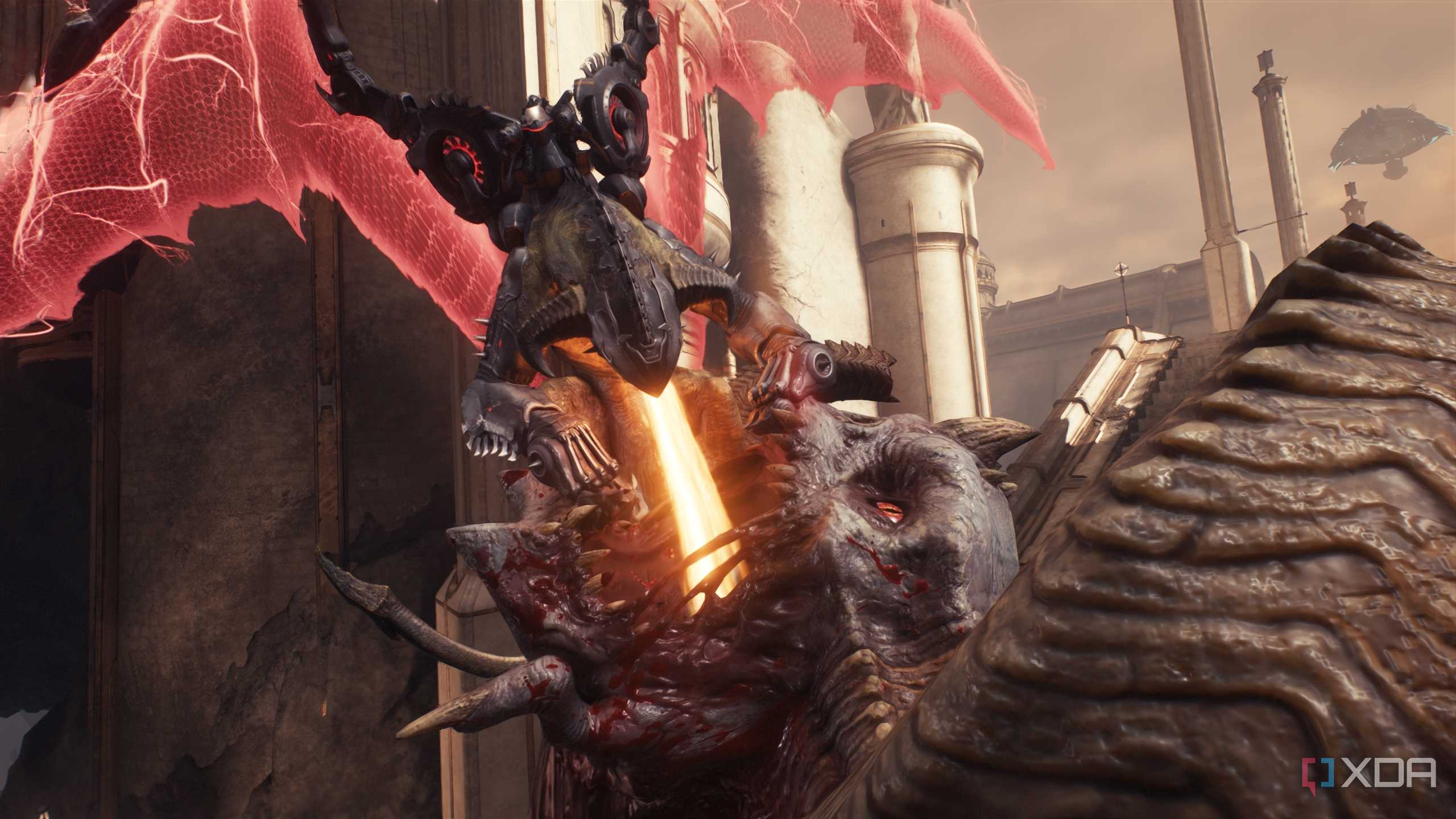 A dragon mount breathing fire down a titan's throat in Doom: The Dark Ages.
