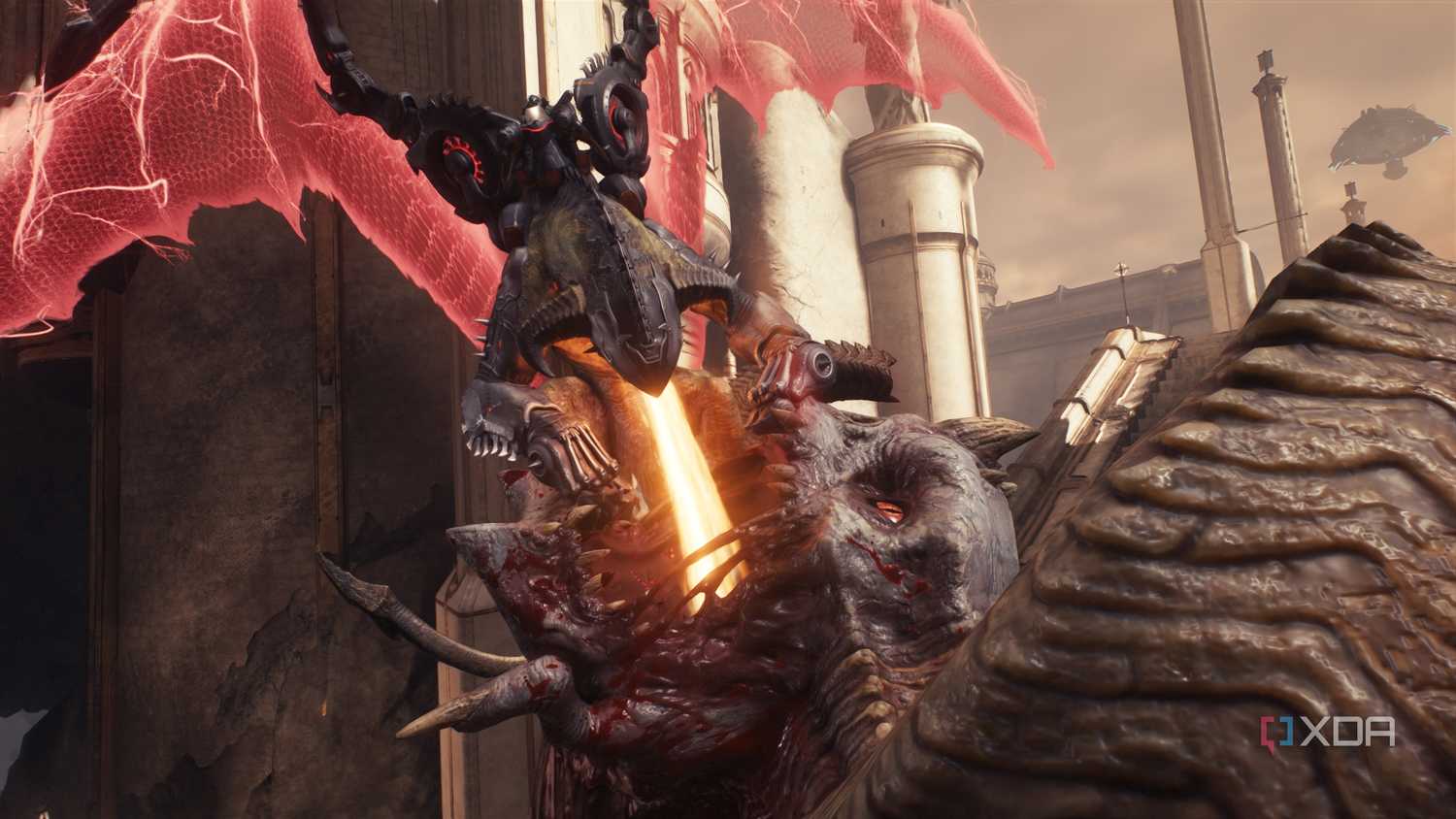 A dragon mount breathing fire down a titan's throat in Doom: The Dark Ages.