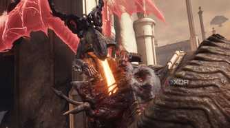 A dragon mount breathing fire down a titan's throat in Doom: The Dark Ages.