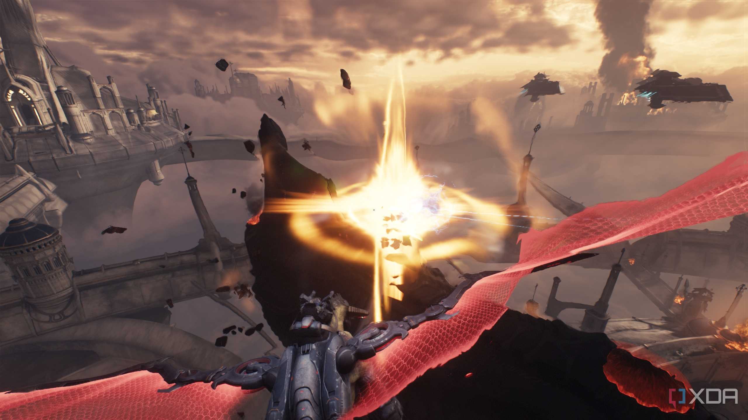 A dragon mount firing to cause an explosion in Doom: The Dark Ages.
