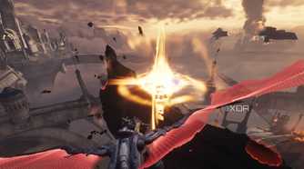 A dragon mount firing to cause an explosion in Doom: The Dark Ages.