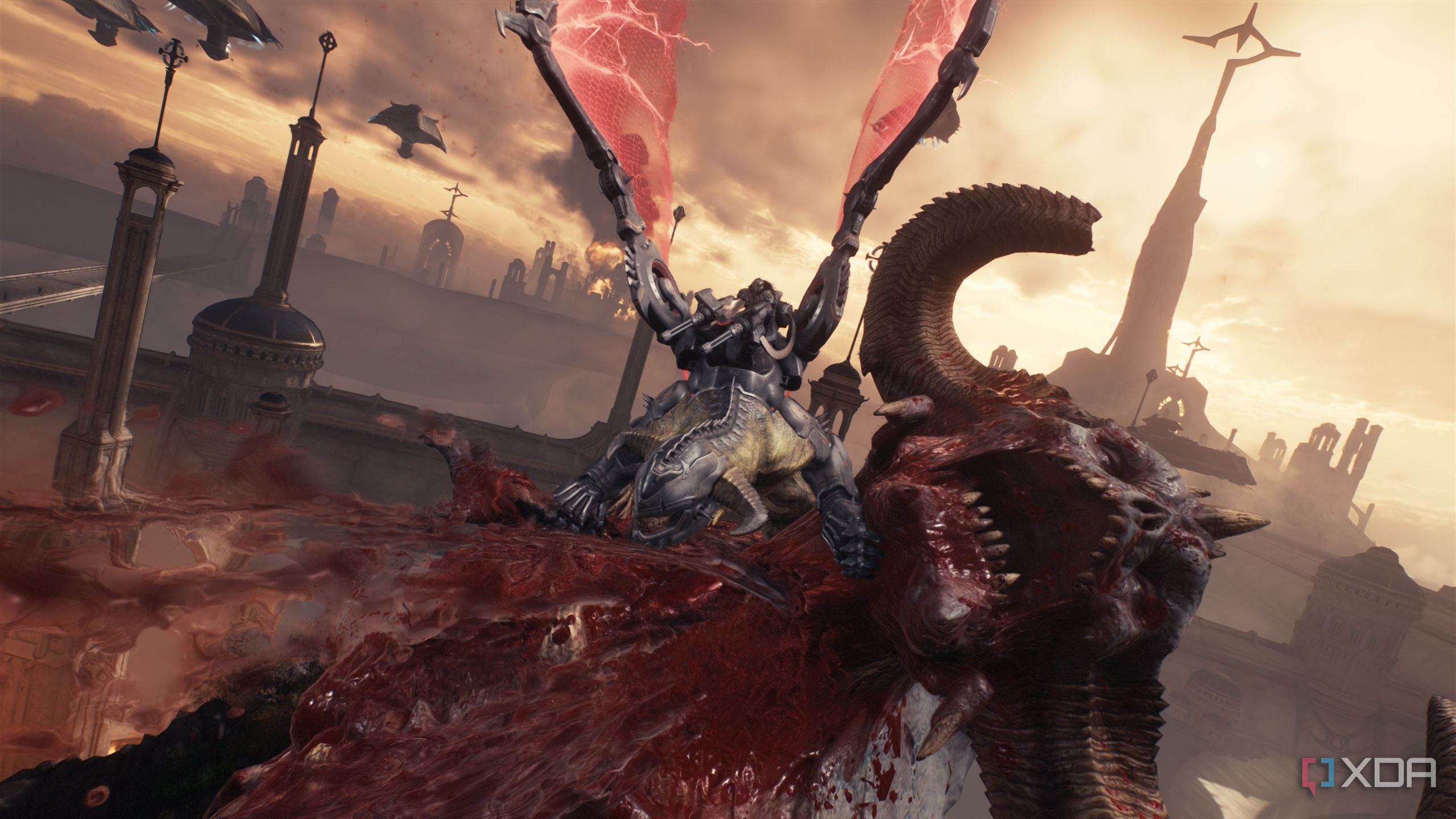 A dragon mount biting off a demon titan's neck in Doom: The Dark Ages.