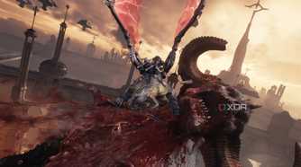 A dragon mount biting off a demon titan's neck in Doom: The Dark Ages.