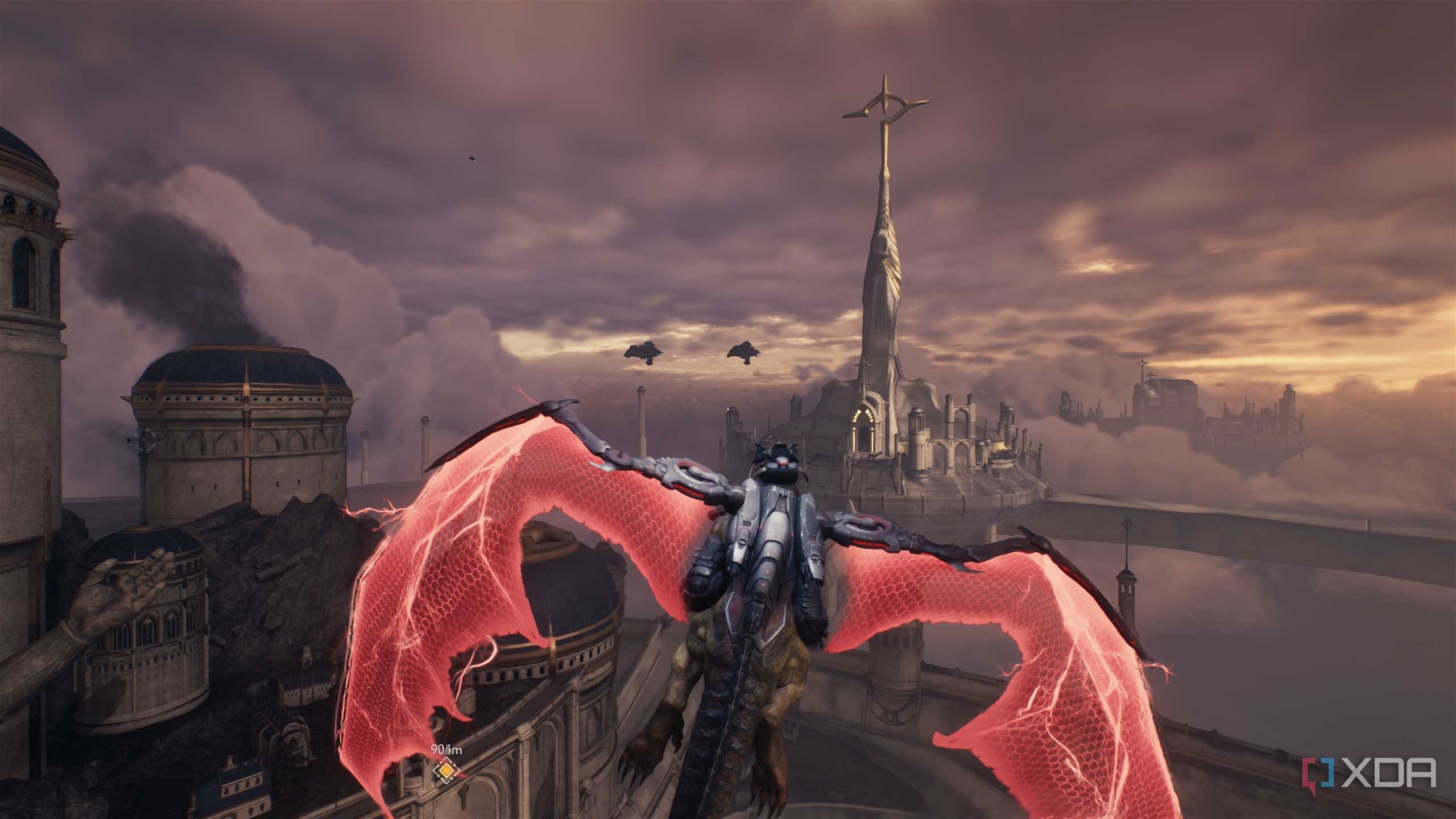 A dragon mount soaring through the skies in Doom: The Dark Ages.