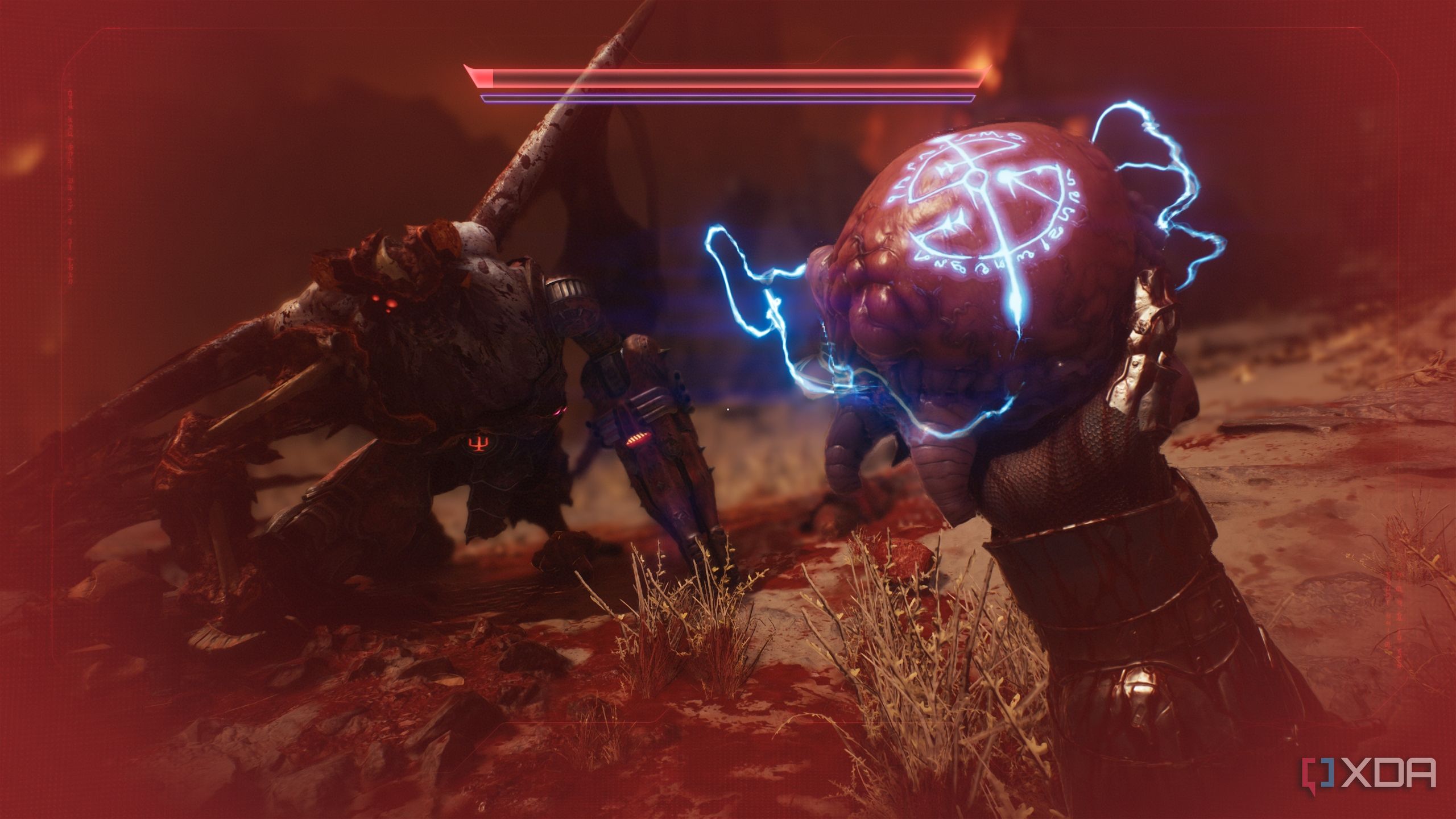 The Doom Slayer holding the heart of a cyberdemon in his hand in Doom: The Dark Ages.