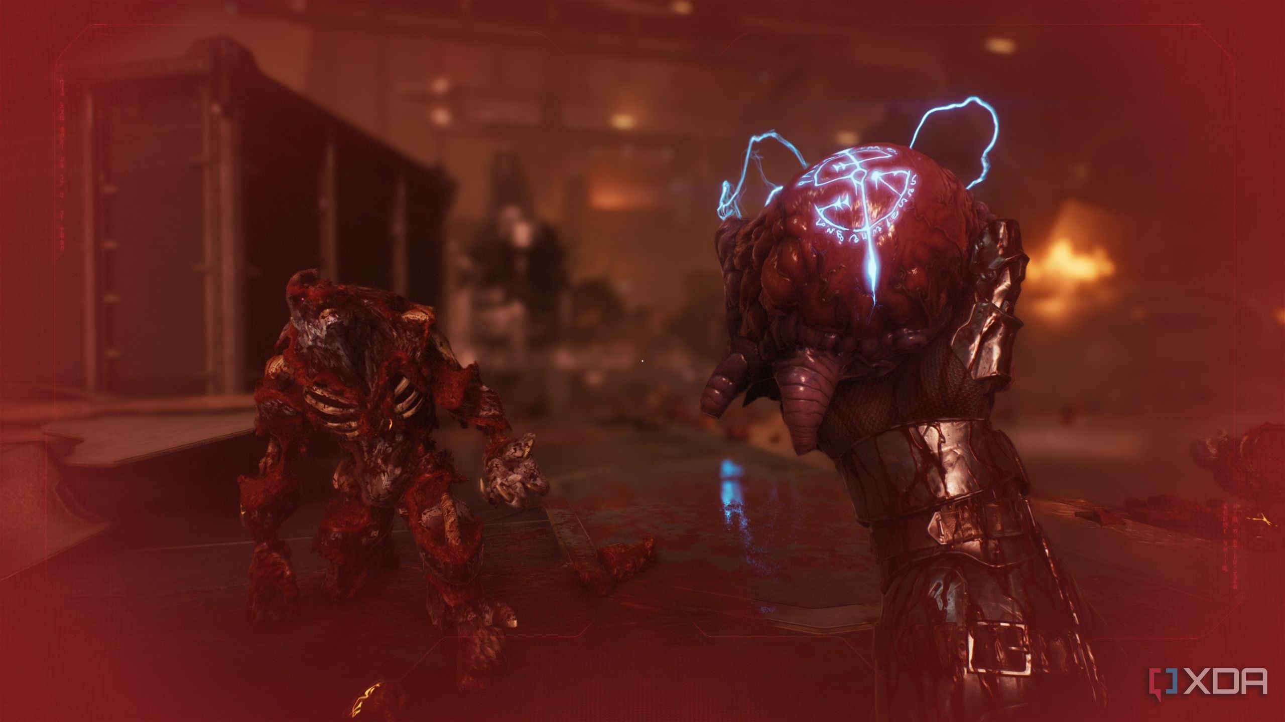 The Doom Slayer holding a Cyclops Titan's heart in his hand in Doom: The Dark Ages.