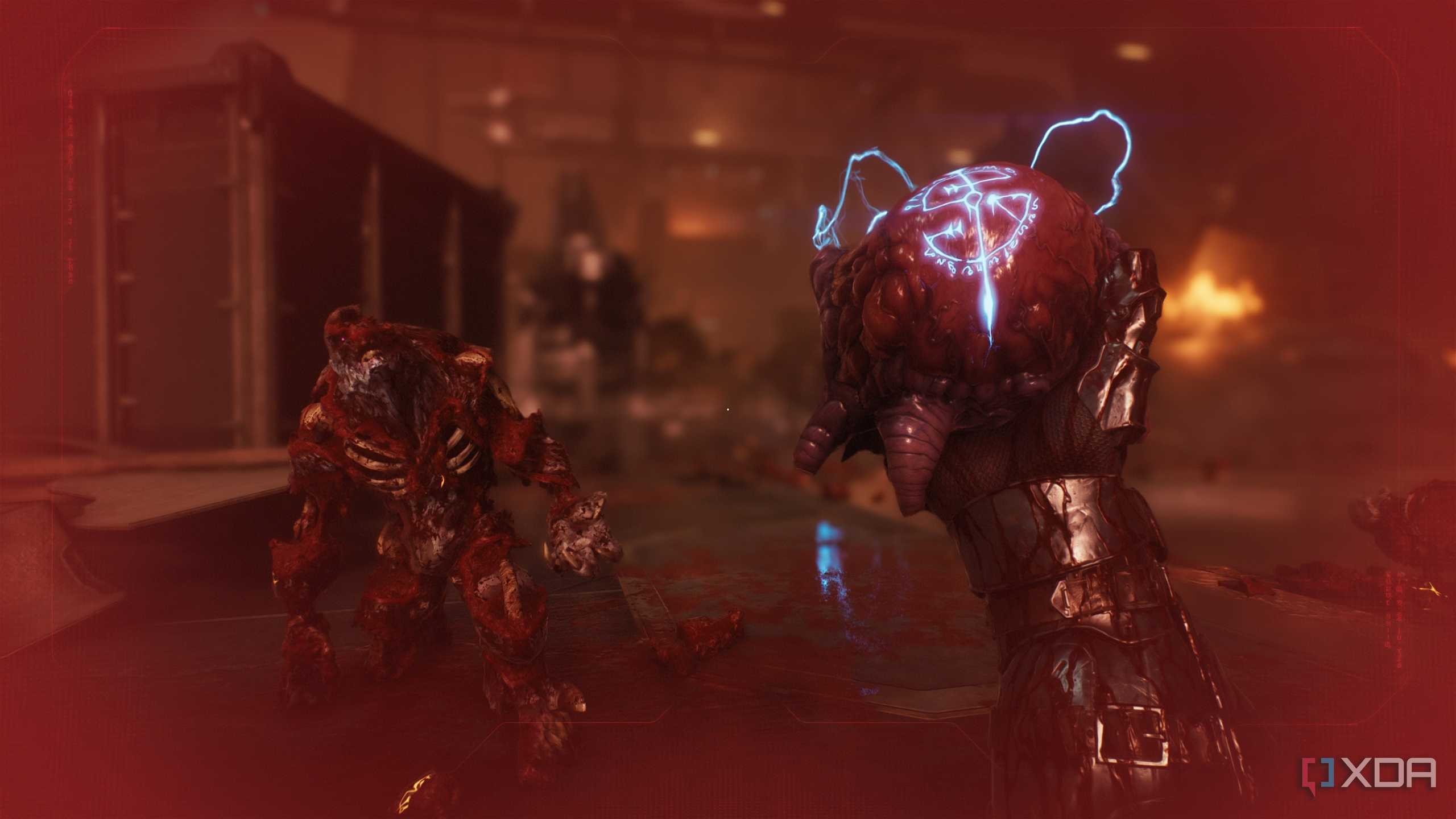 The Doom Slayer holding a Cyclops Titan's heart in his hand in Doom: The Dark Ages.
