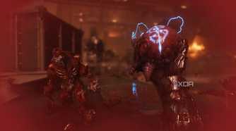 The Doom Slayer holding a Cyclops Titan's heart in his hand in Doom: The Dark Ages.