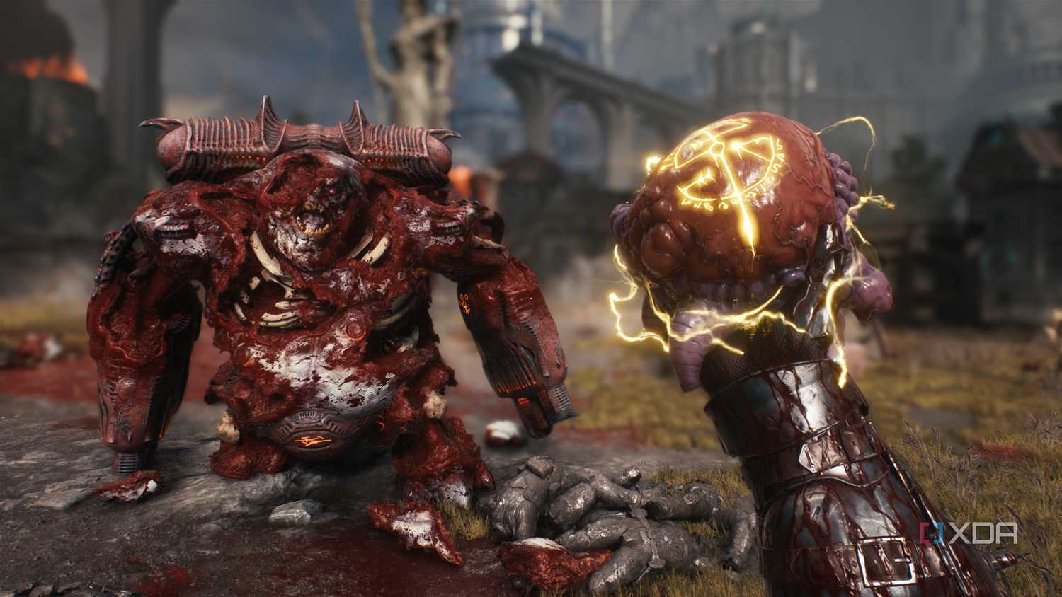 The Doom Slayer holding the heart of a Mancubus in Doom: The Dark Ages.