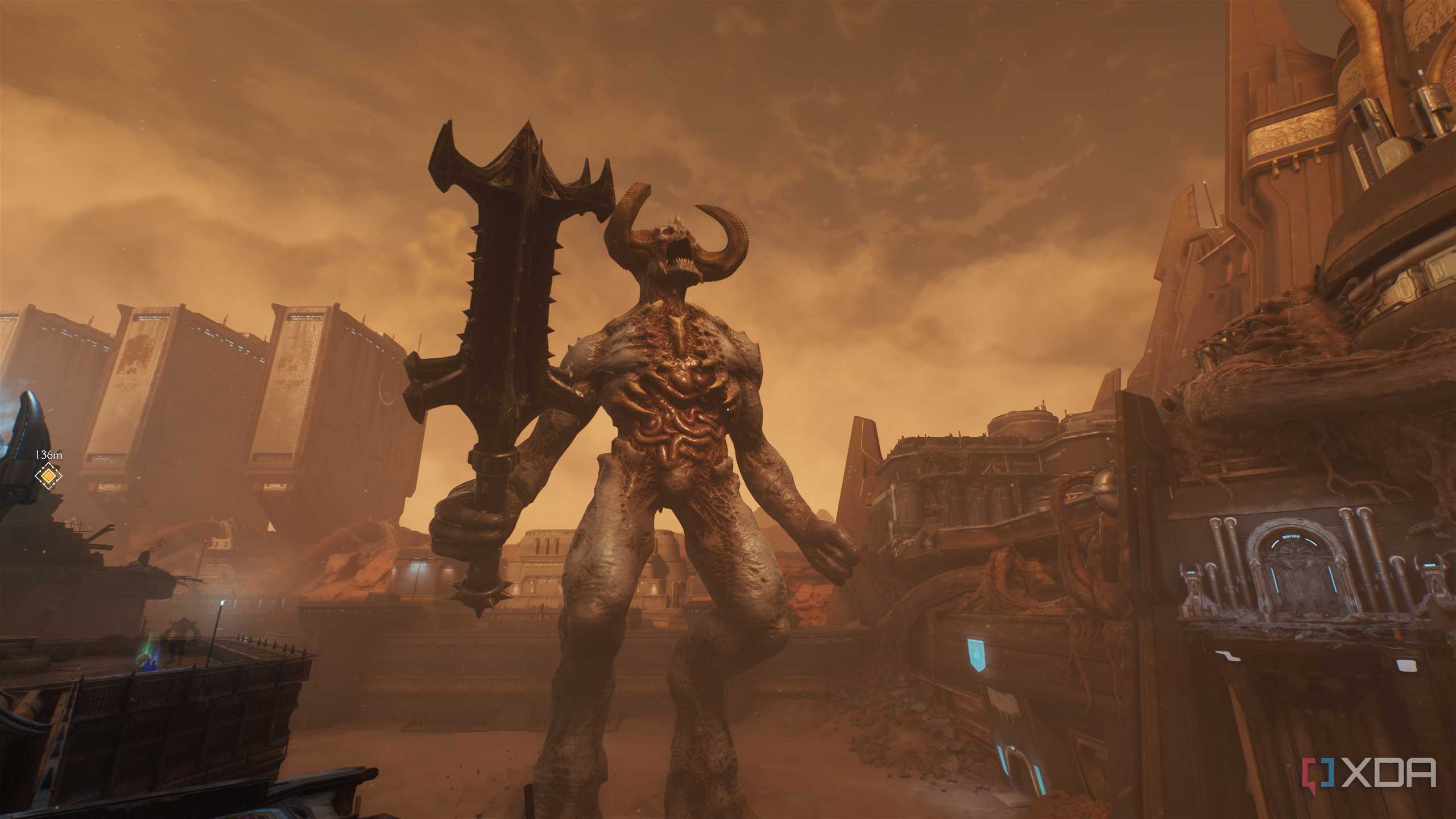 A demon titan with a sword in Doom: The Dark Ages.