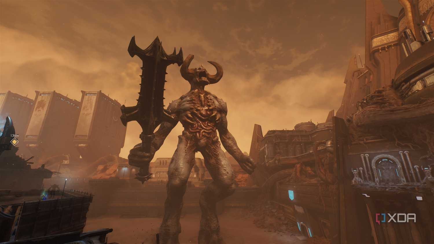 A demon titan with a sword in Doom: The Dark Ages.