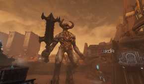 A demon titan with a sword in Doom: The Dark Ages.