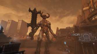 A demon titan with a sword in Doom: The Dark Ages.