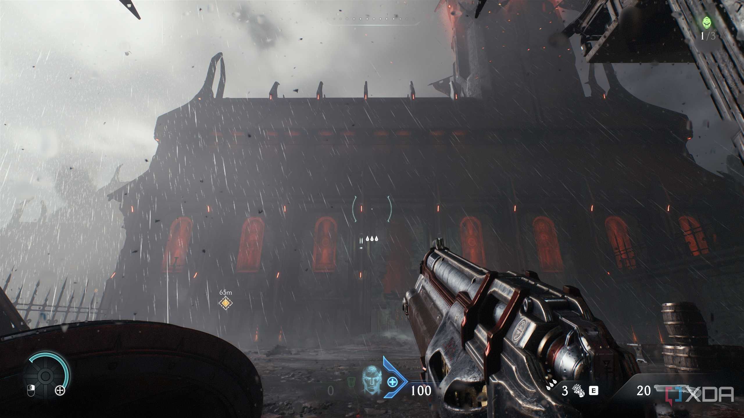 A rain-soaked medieval building in Doom: The Dark Ages.