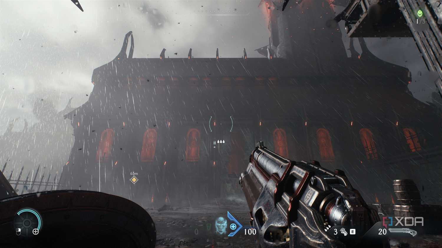 A rain-soaked medieval building in Doom: The Dark Ages.