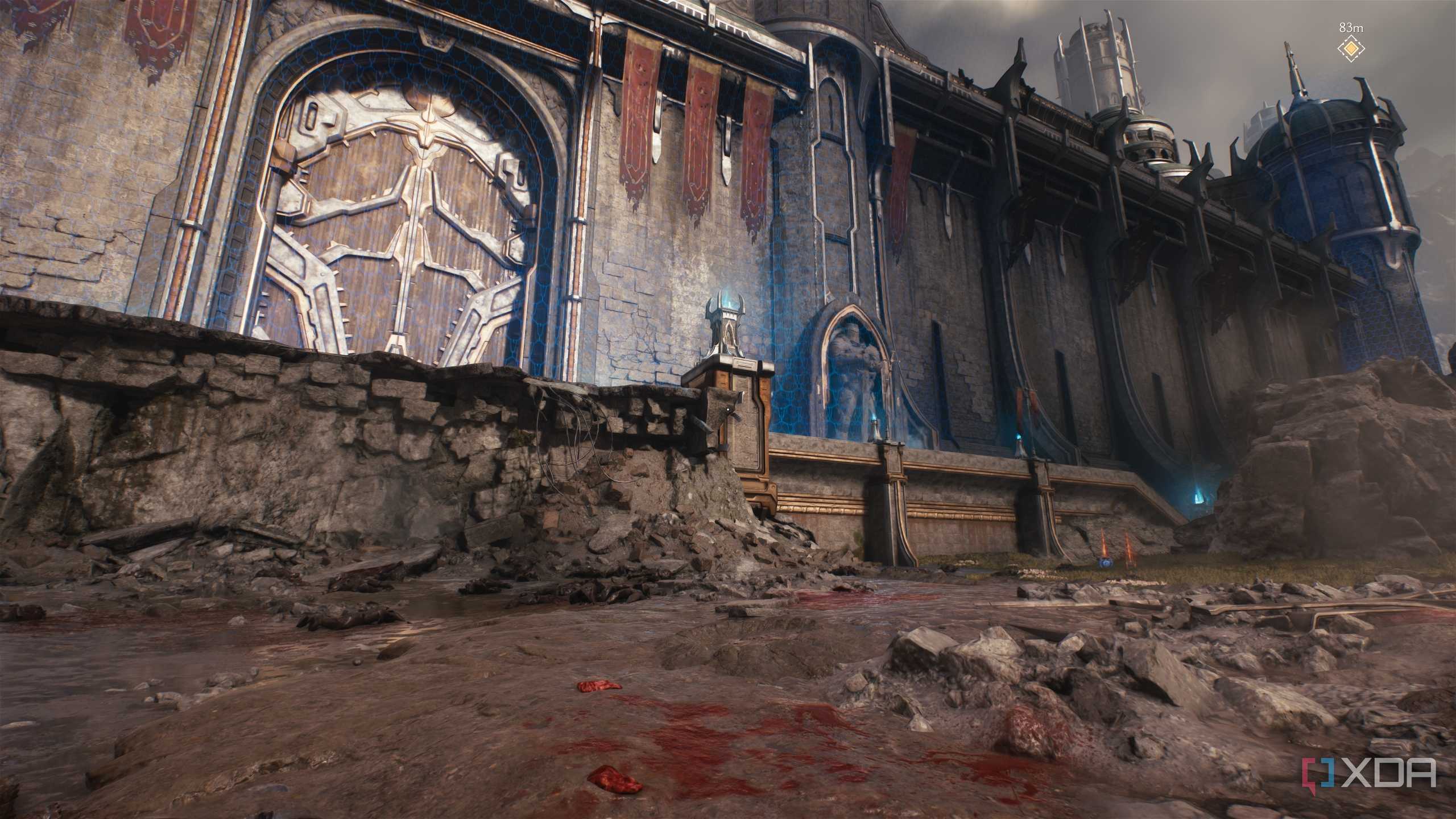 The outer wall of a medieval city in Doom: The Dark Ages.