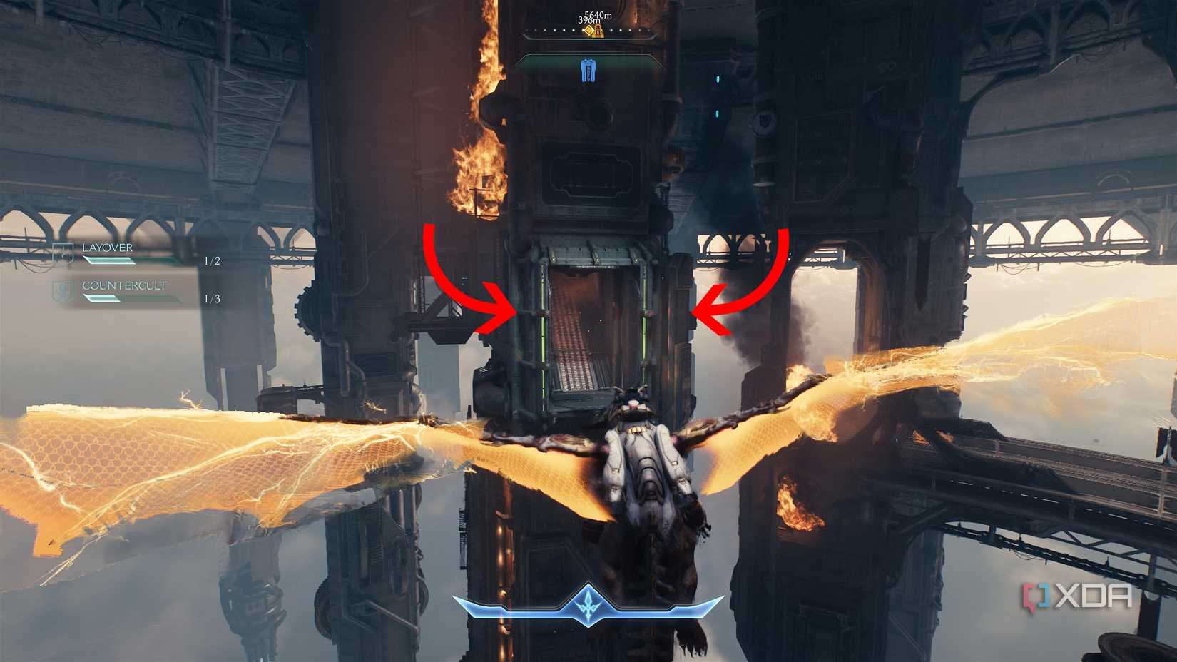 Two arrows pointing to an exit hallway entrance in Doom: The Dark Ages.