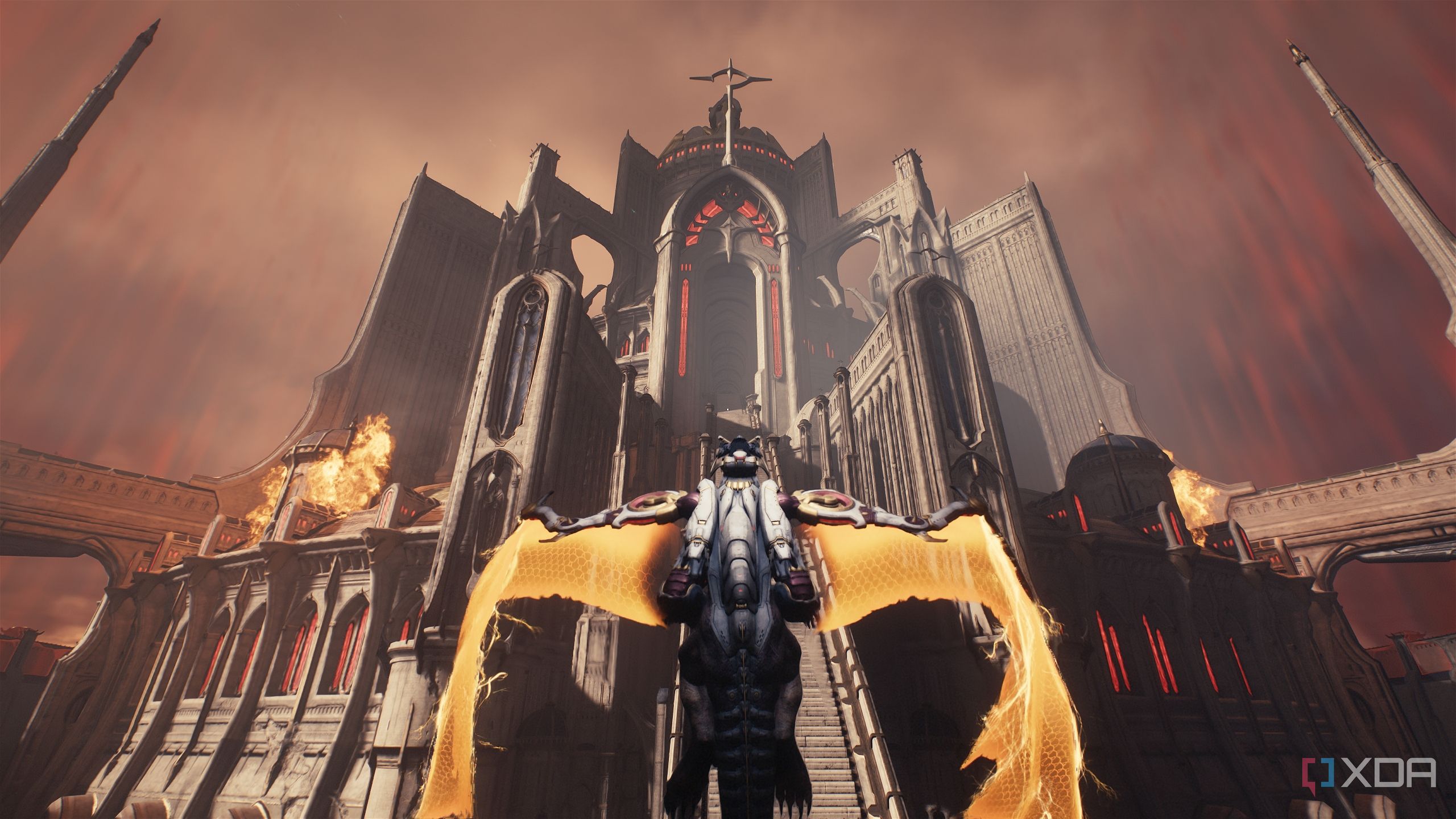 The dragon Serrat facing a cathedral in Doom: The Dark Ages.