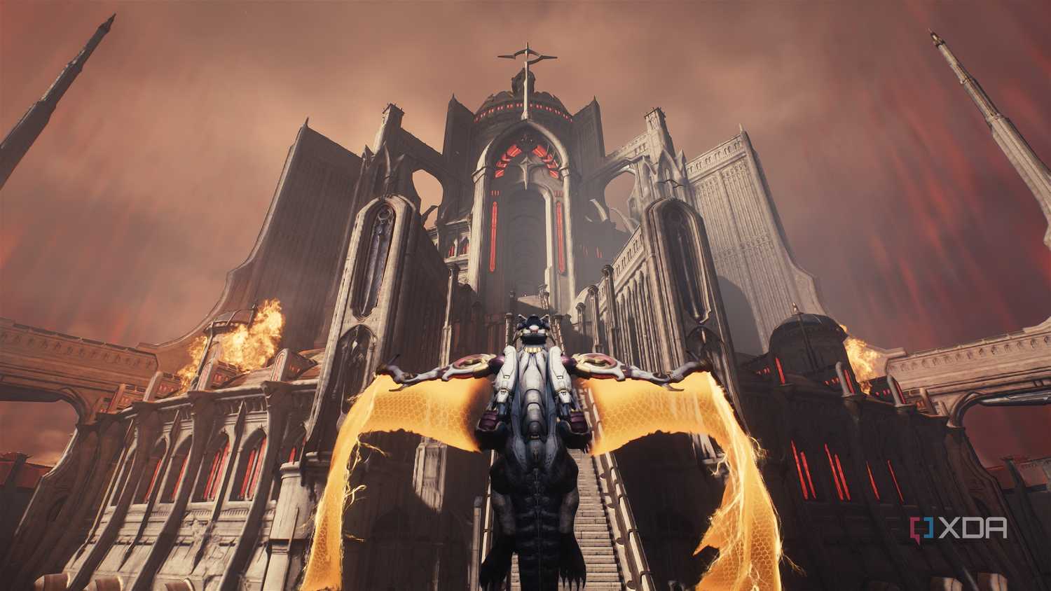 The dragon Serrat facing a cathedral in Doom: The Dark Ages.