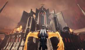The dragon Serrat facing a cathedral in Doom: The Dark Ages.