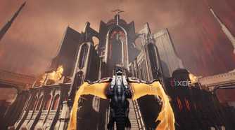 The dragon Serrat facing a cathedral in Doom: The Dark Ages.