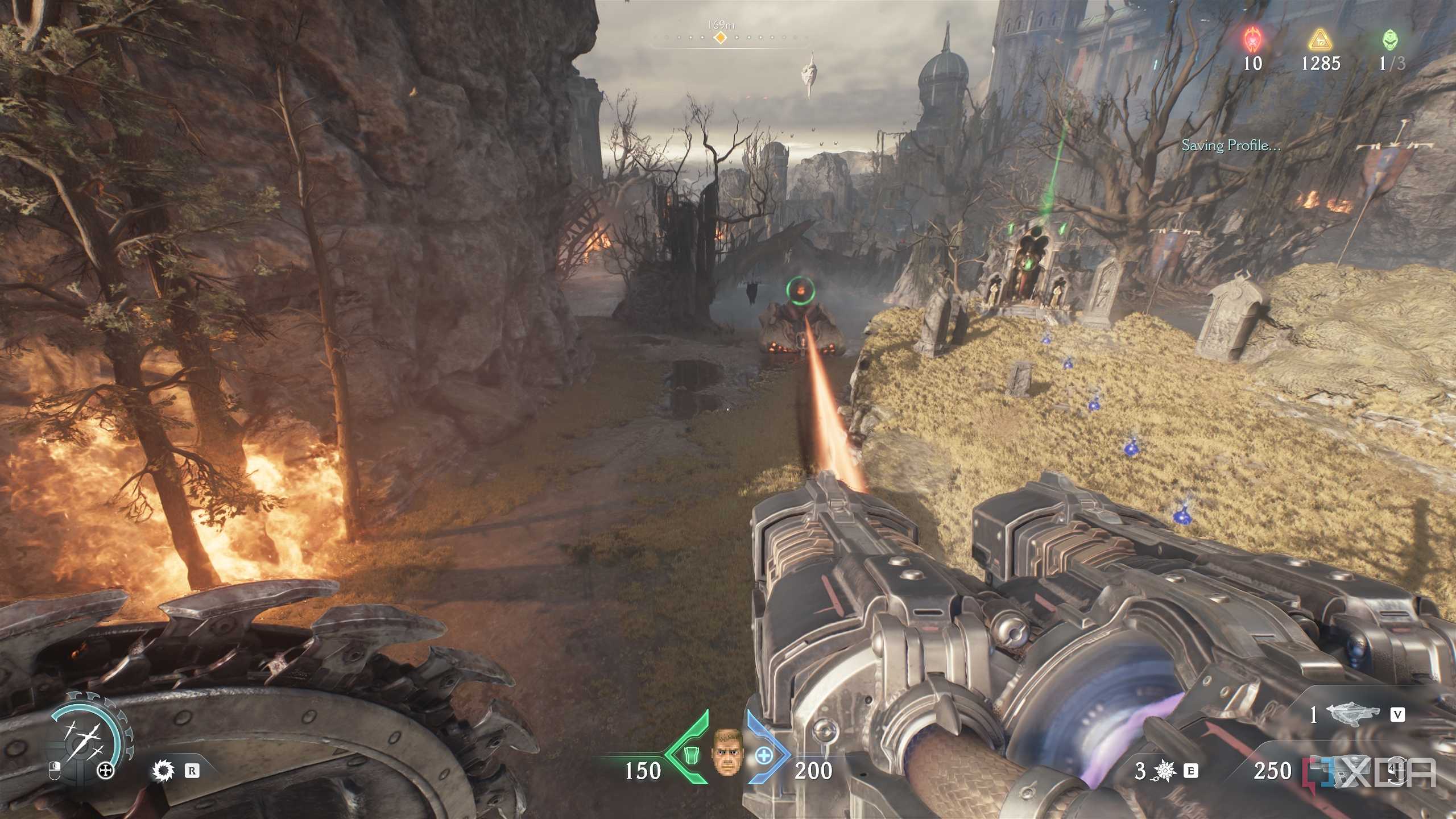 The slayer jumping off a cliff towards an artillery tank in Doom: The Dark Ages.