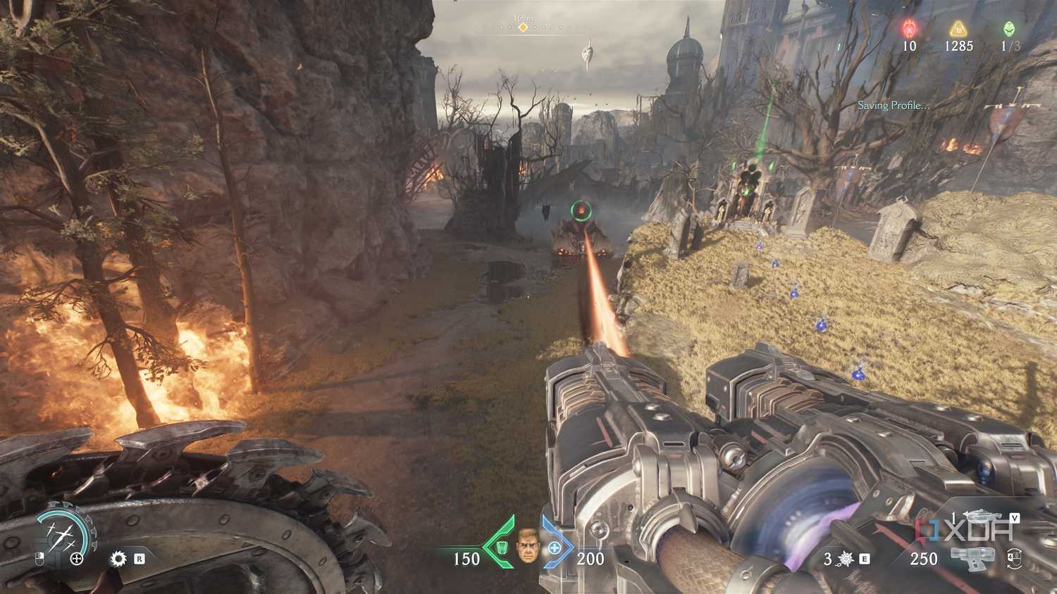 The slayer jumping off a cliff towards an artillery tank in Doom: The Dark Ages.