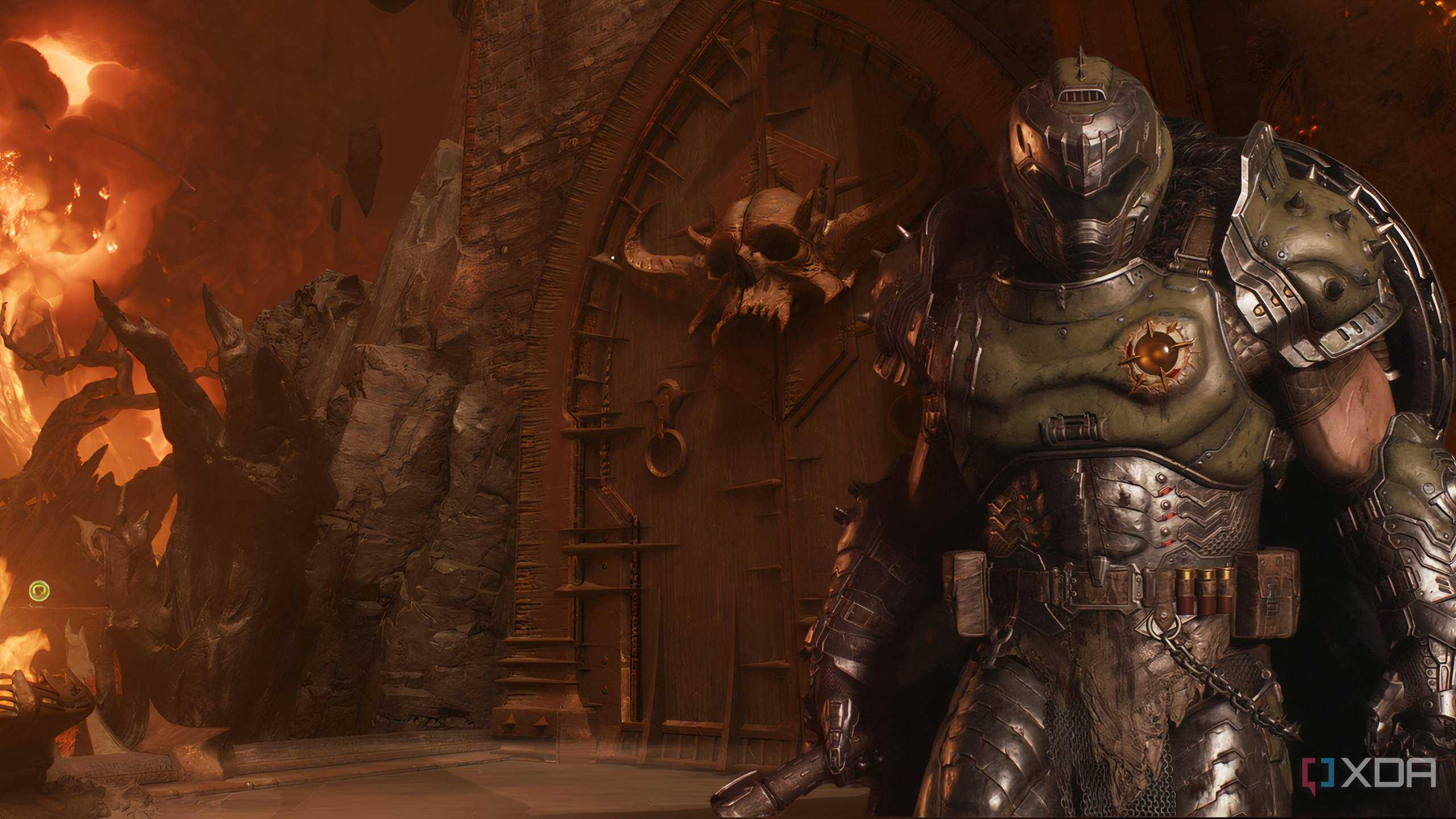 The image of the Doom Slayer from the DOOM franchise standing in front of a huge medieval door with a big skull planted on it.