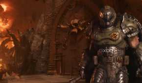 The image of the Doom Slayer from the DOOM franchise standing in front of a huge medieval door with a big skull planted on it.