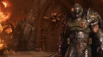 The image of the Doom Slayer from the DOOM franchise standing in front of a huge medieval door with a big skull planted on it.