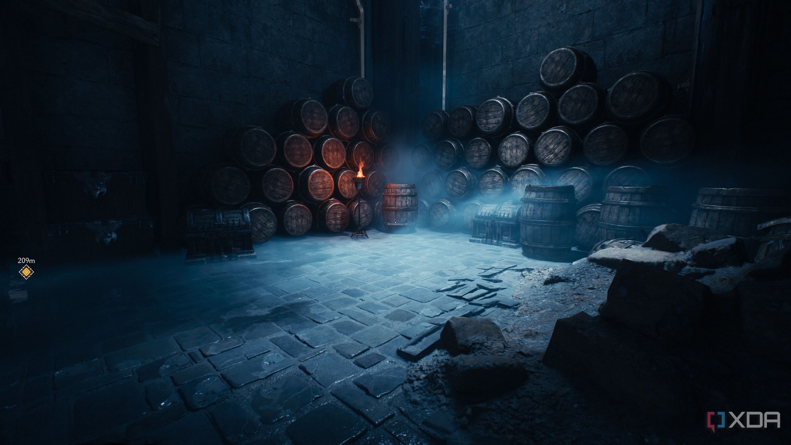 A dimply-lit room with barrels stacked up in Doom: The Dark Ages.