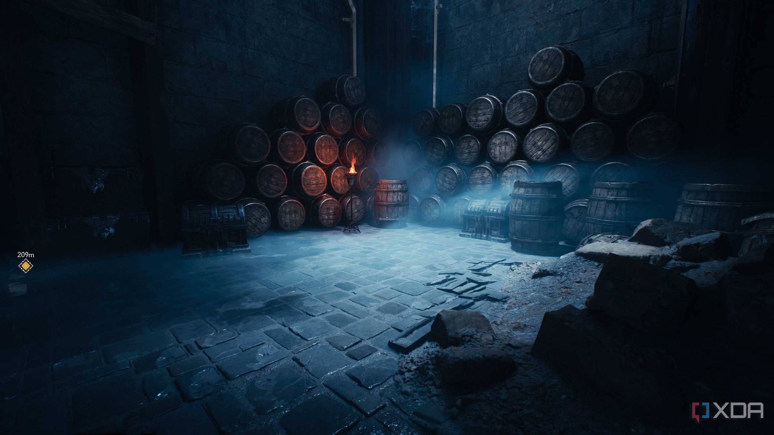 A dimply-lit room with barrels stacked up in Doom: The Dark Ages.