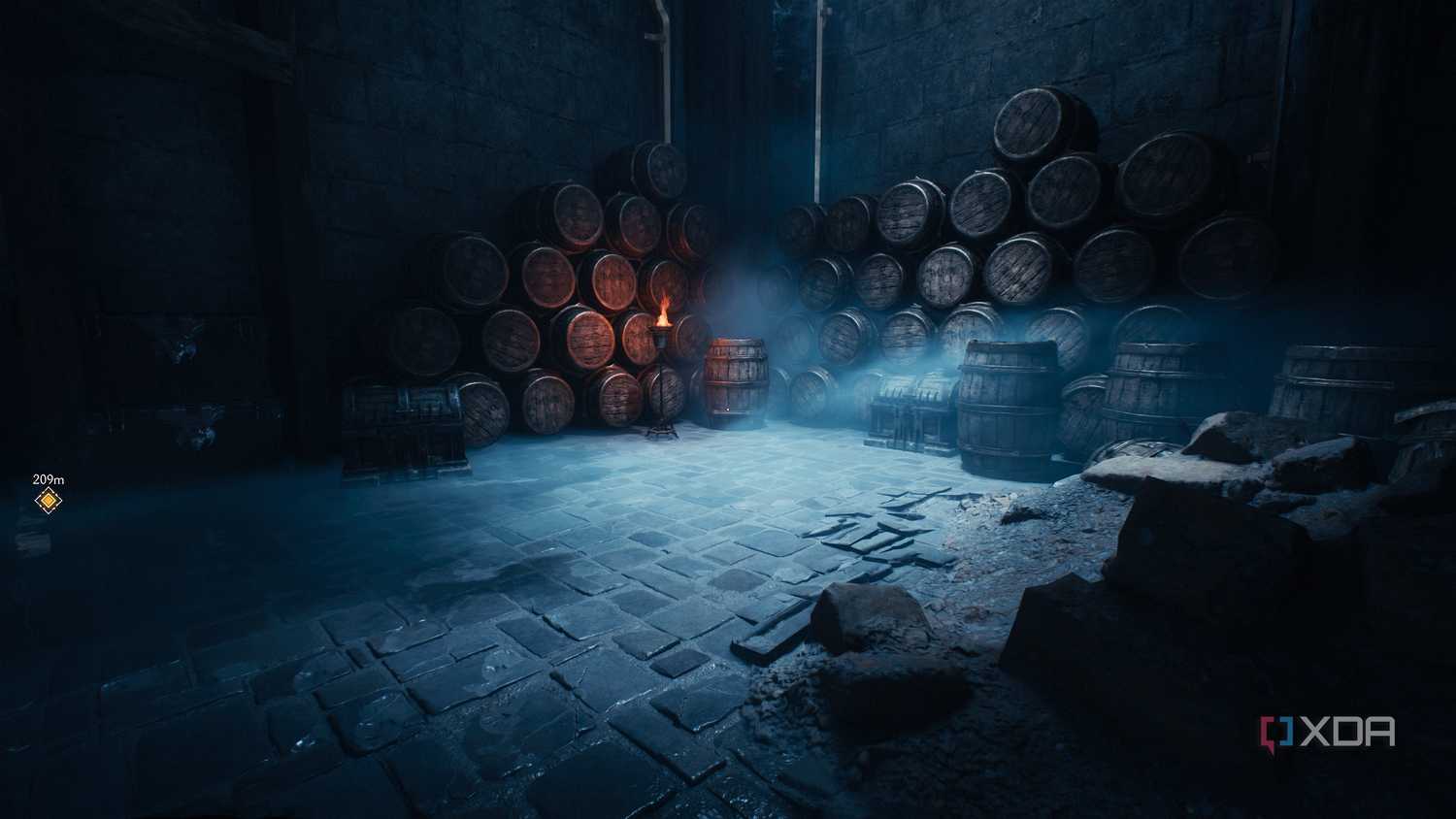 A dimply-lit room with barrels stacked up in Doom: The Dark Ages.