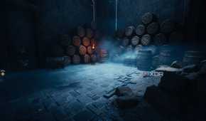 A dimply-lit room with barrels stacked up in Doom: The Dark Ages.