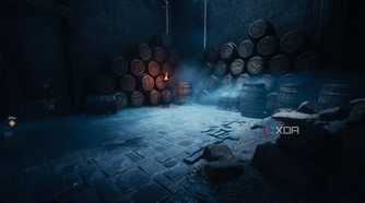 A dimply-lit room with barrels stacked up in Doom: The Dark Ages.