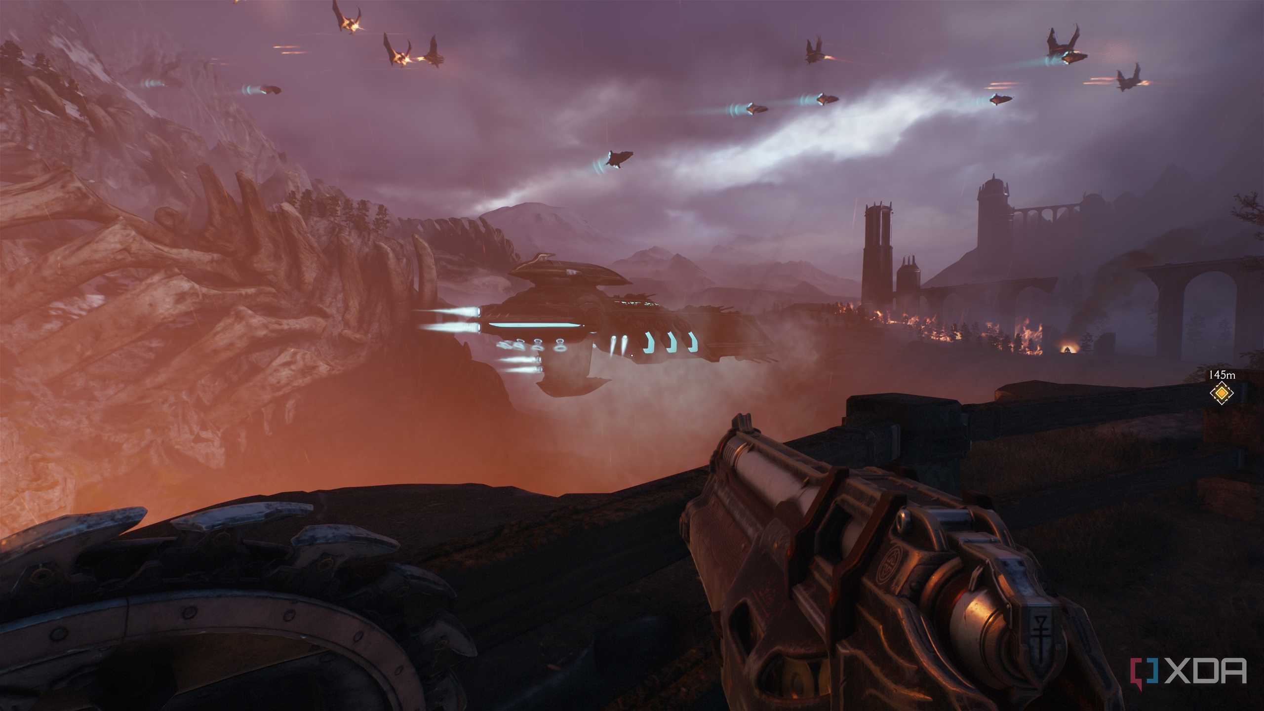 Army ships flying in the sky in Doom: The Dark Ages.