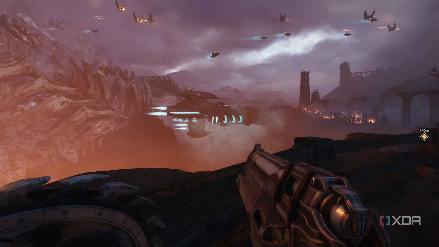 Army ships flying in the sky in Doom: The Dark Ages.