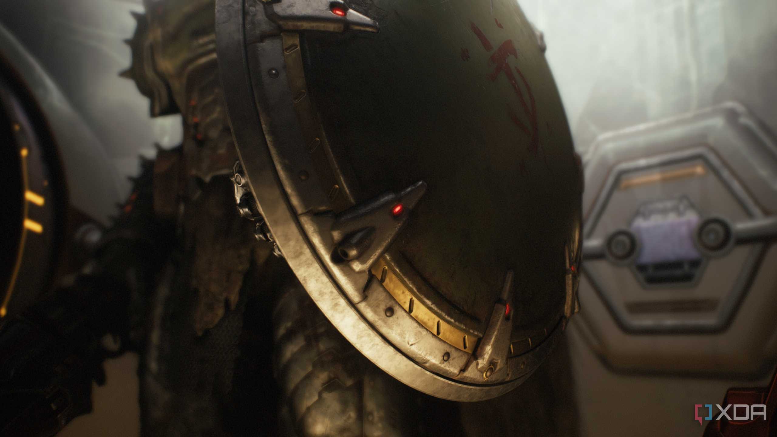 A close-up shot of the Doom Slayer's shield in Doom: The Dark Ages.