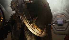 A close-up shot of the Doom Slayer's shield in Doom: The Dark Ages.