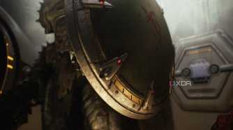 A close-up shot of the Doom Slayer's shield in Doom: The Dark Ages.
