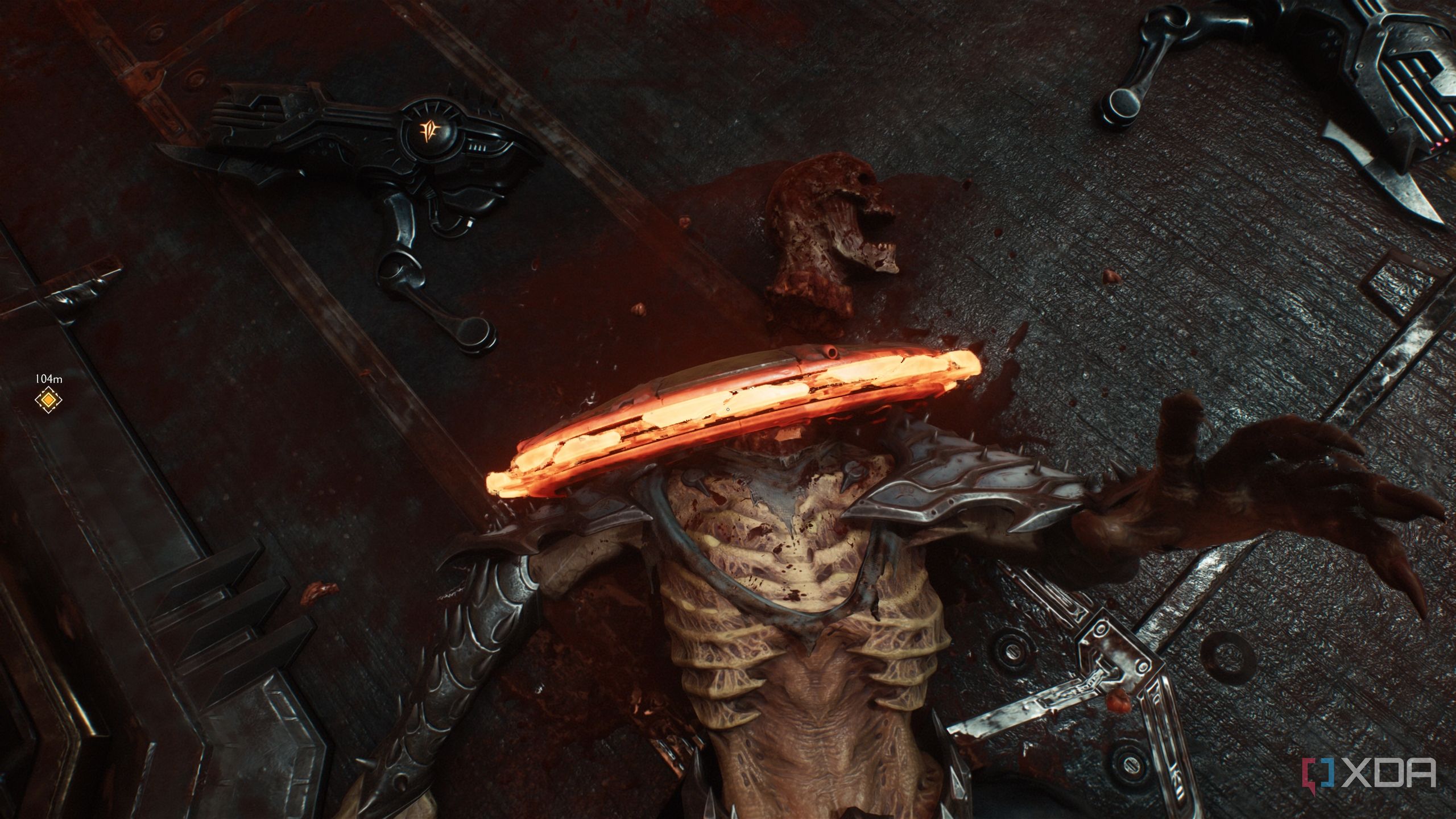 The Doom Slayer beheading a demon with the Shield Saw in Doom: The Dark Ages.