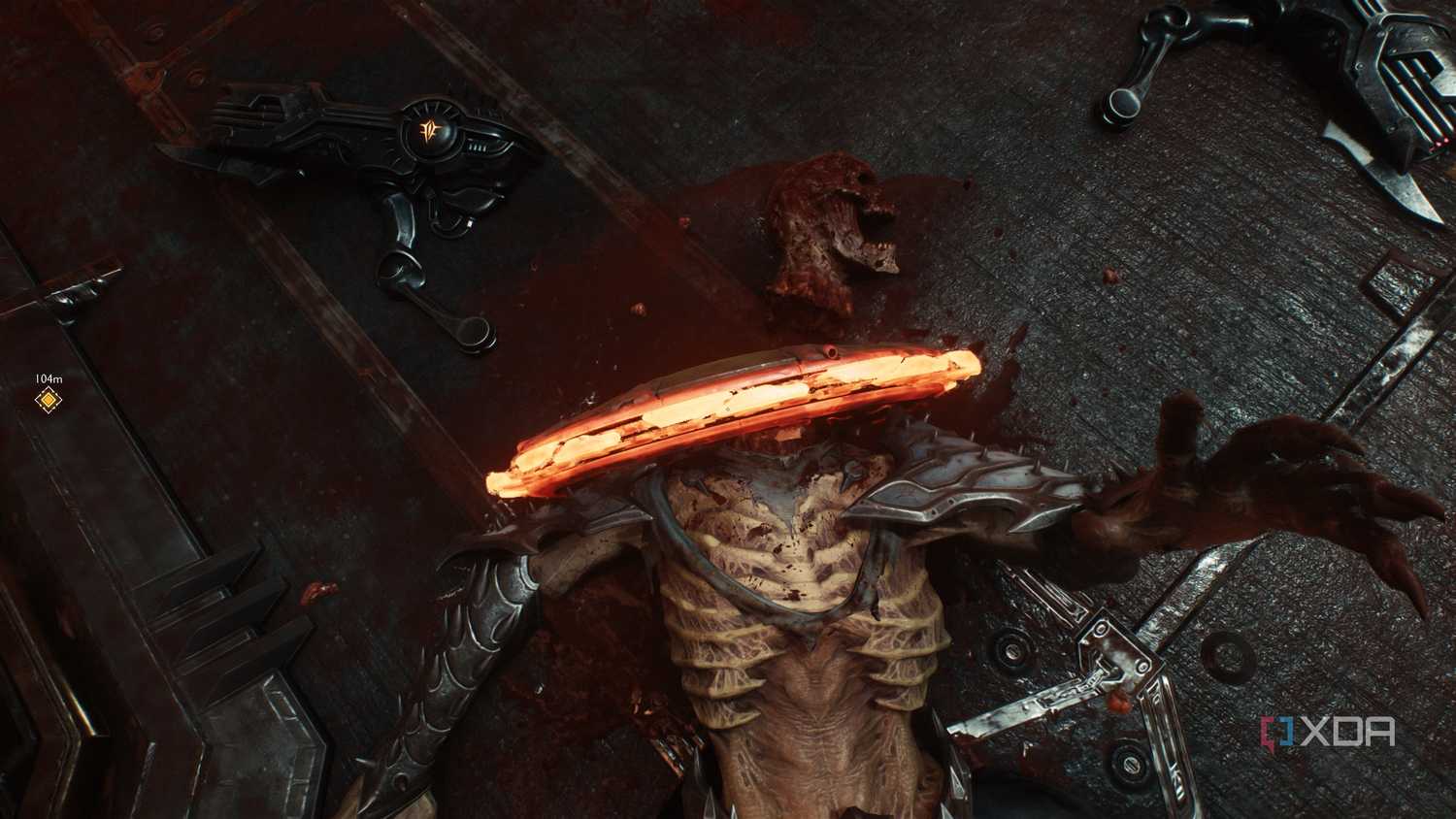 The Doom Slayer beheading a demon with the Shield Saw in Doom: The Dark Ages.