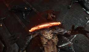The Doom Slayer beheading a demon with the Shield Saw in Doom: The Dark Ages.