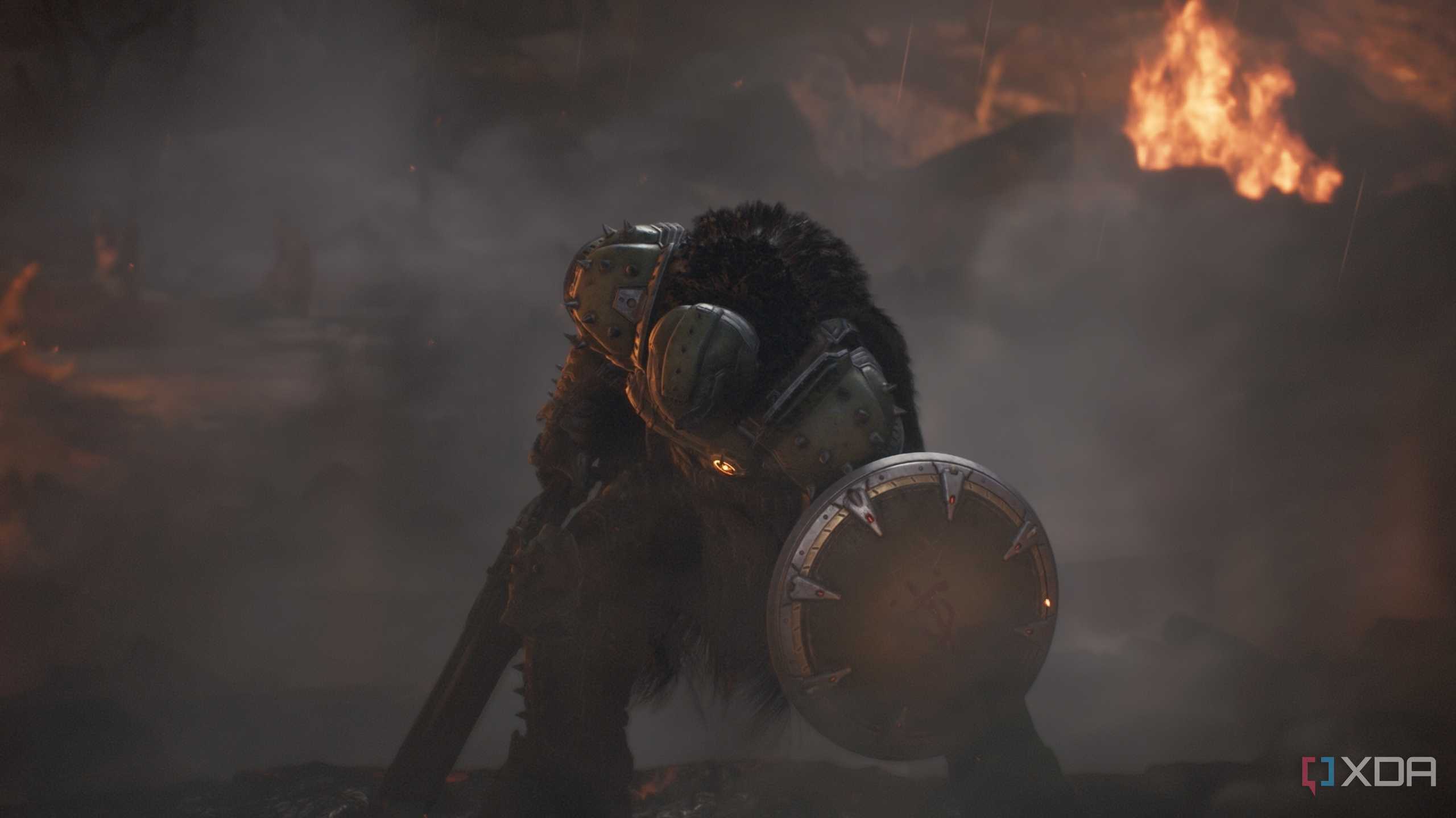 The Doom Slayer wielding a shotgun and a shield in Doom: The Dark Ages.