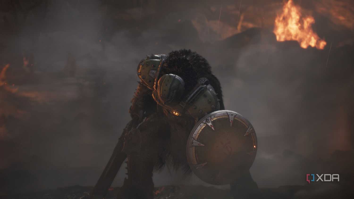 The Doom Slayer wielding a shotgun and a shield in Doom: The Dark Ages.