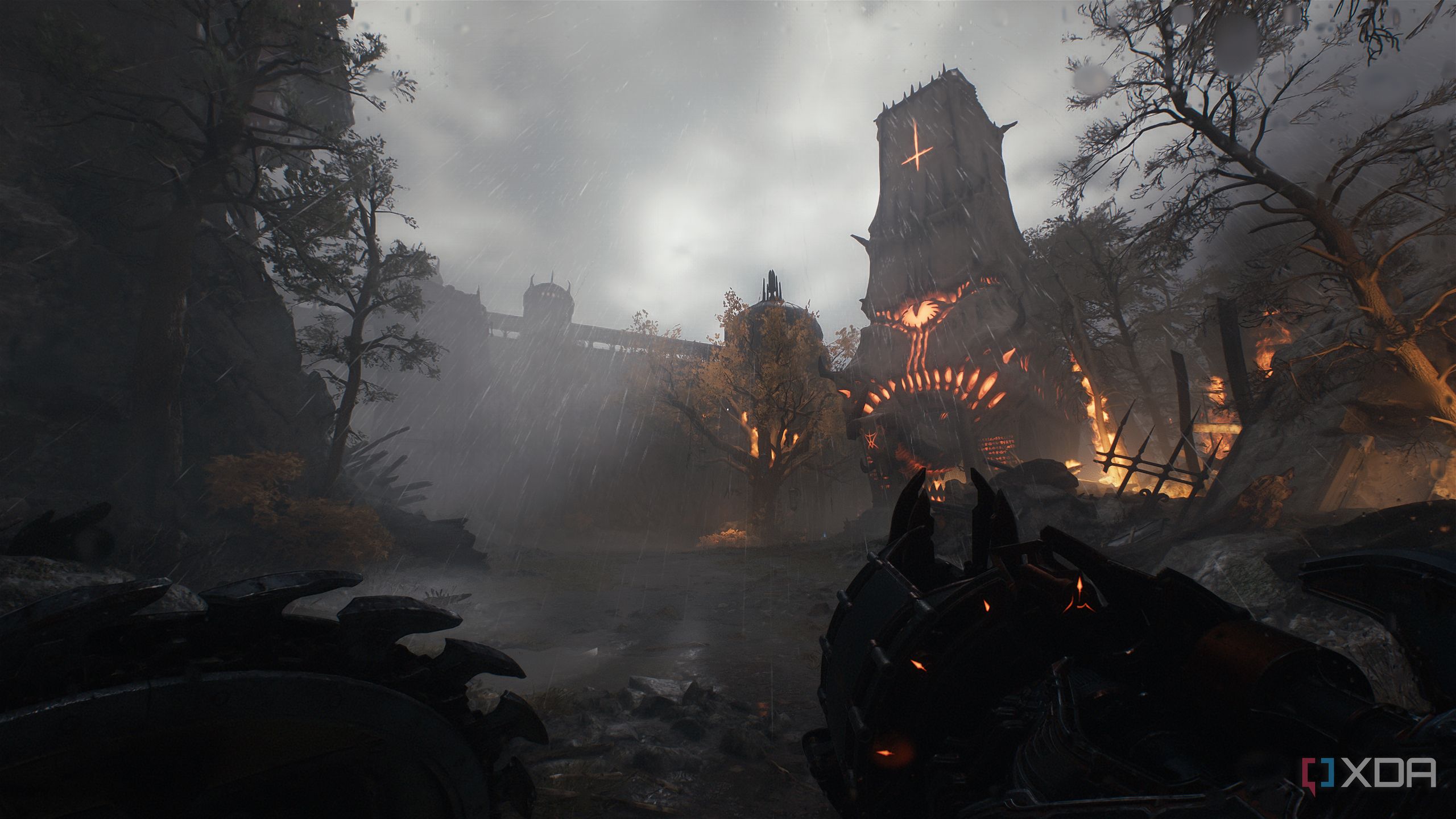 A burning building in Doom: The Dark Ages.