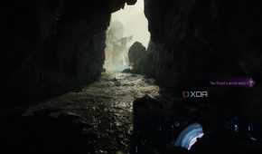 A dark cave with sunlight pouring in, in Doom: The Dark Ages.