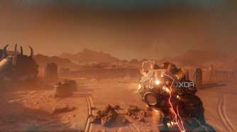 The Atlan Mech holding an explosive device in the desert in Doom: The Dark Ages.