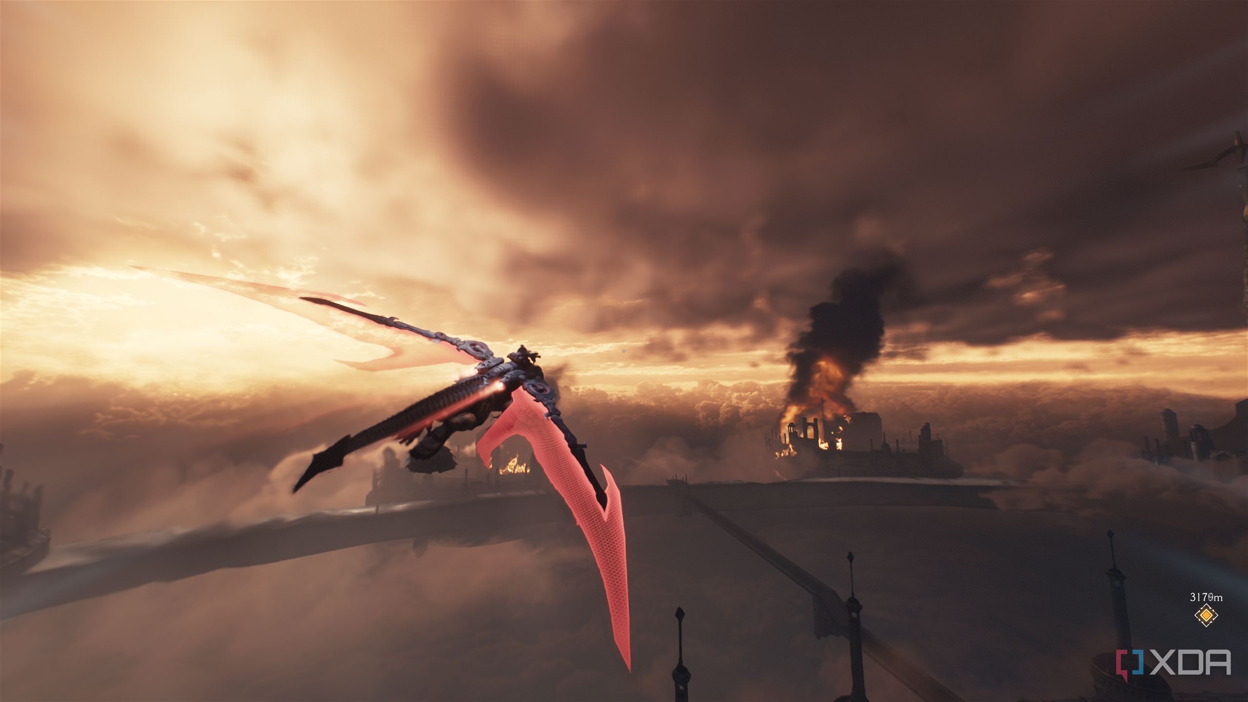 A dragon mount soaring in the sky as the sun sets in Doom: The Dark Ages.
