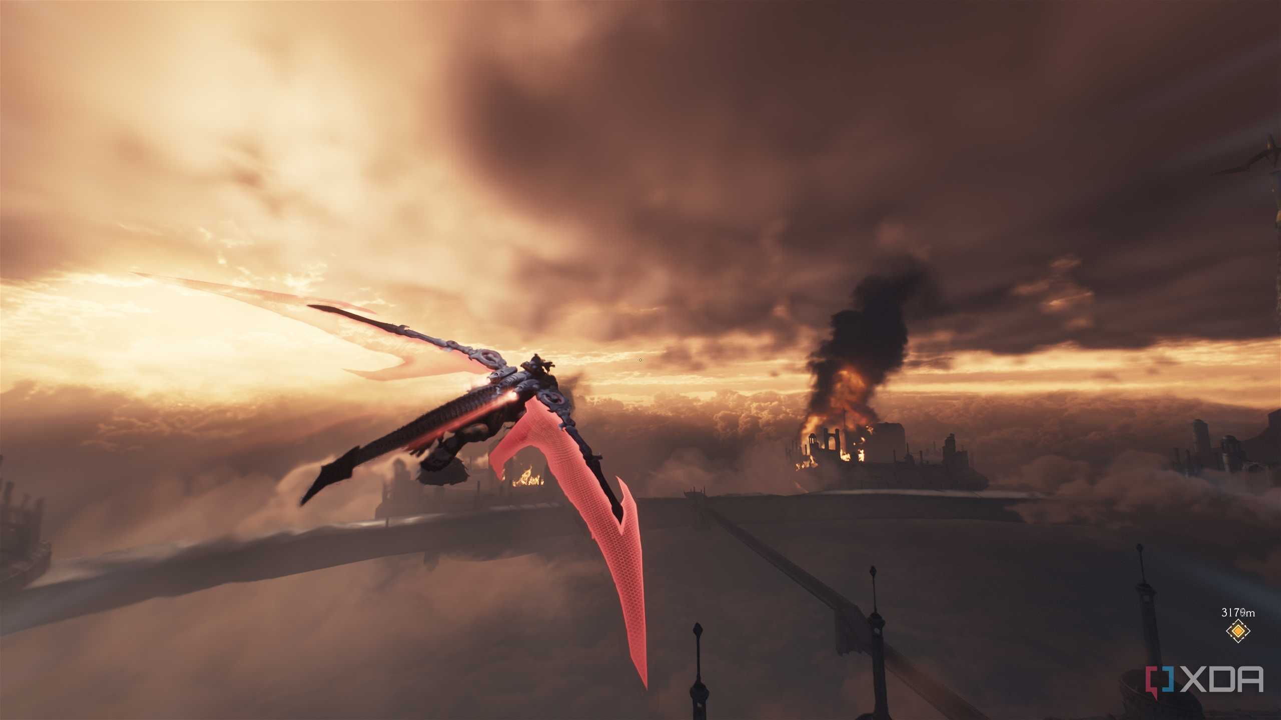 A dragon mount soaring in the sky as the sun sets in Doom: The Dark Ages.